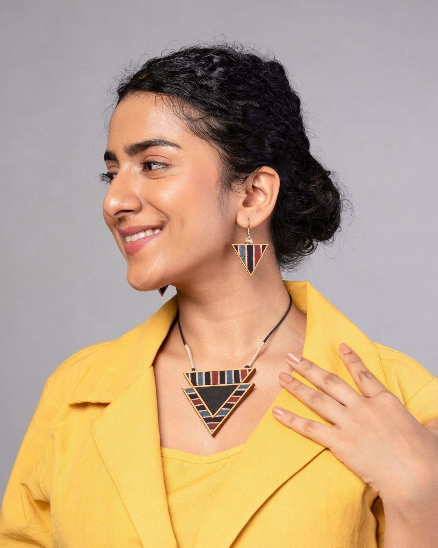 WHE Multicolor Ajrakh Repurposed Fabric and Wood Triangular Dangler