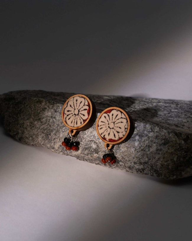 WHE Multicolor Floral Kalamkari Repurposed Fabric and Wood Round Studs