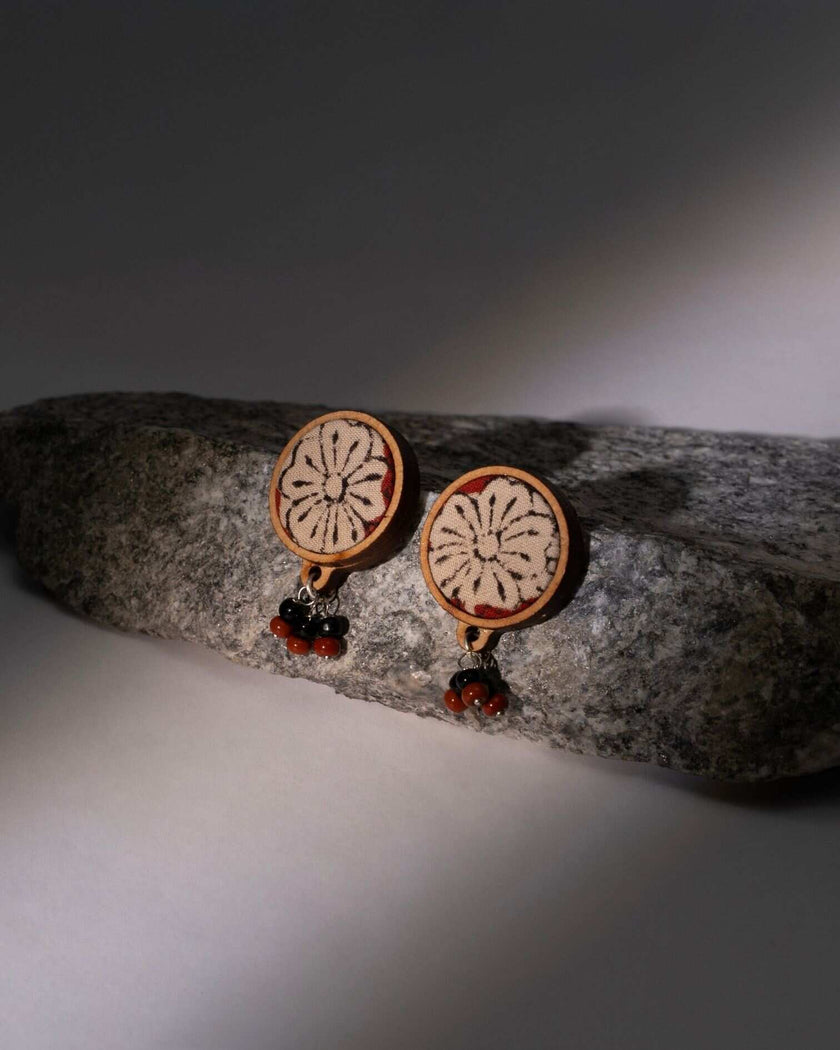 WHE Multicolor Floral Kalamkari Repurposed Fabric and Wood Round Studs