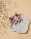 WHE Floral Pink Square Repurposed Fabric and Wood Earrings