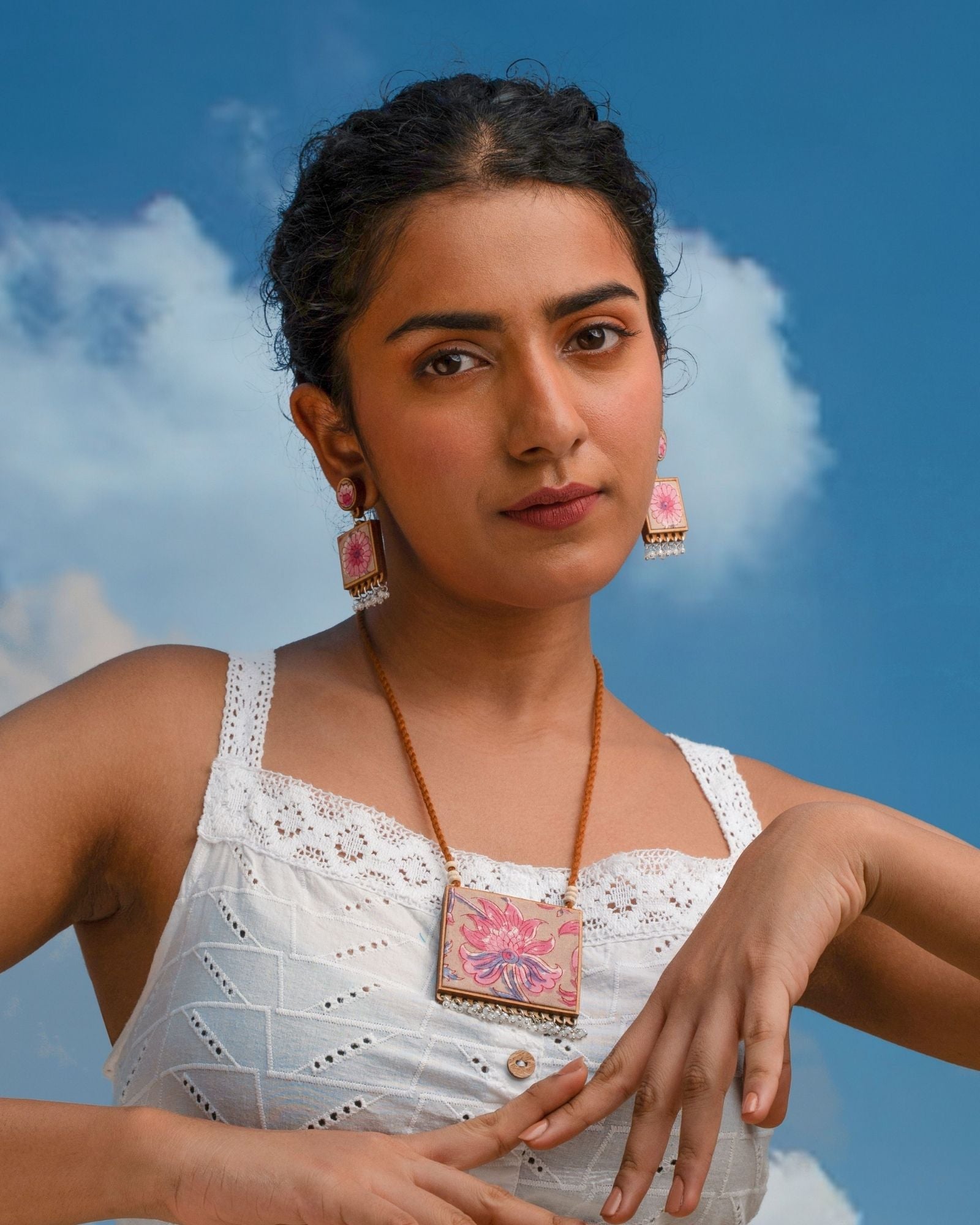 WHE Floral Pink Square Repurposed Fabric and Wood Earrings