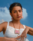 WHE Floral Pink Square Repurposed Fabric and Wood Earrings