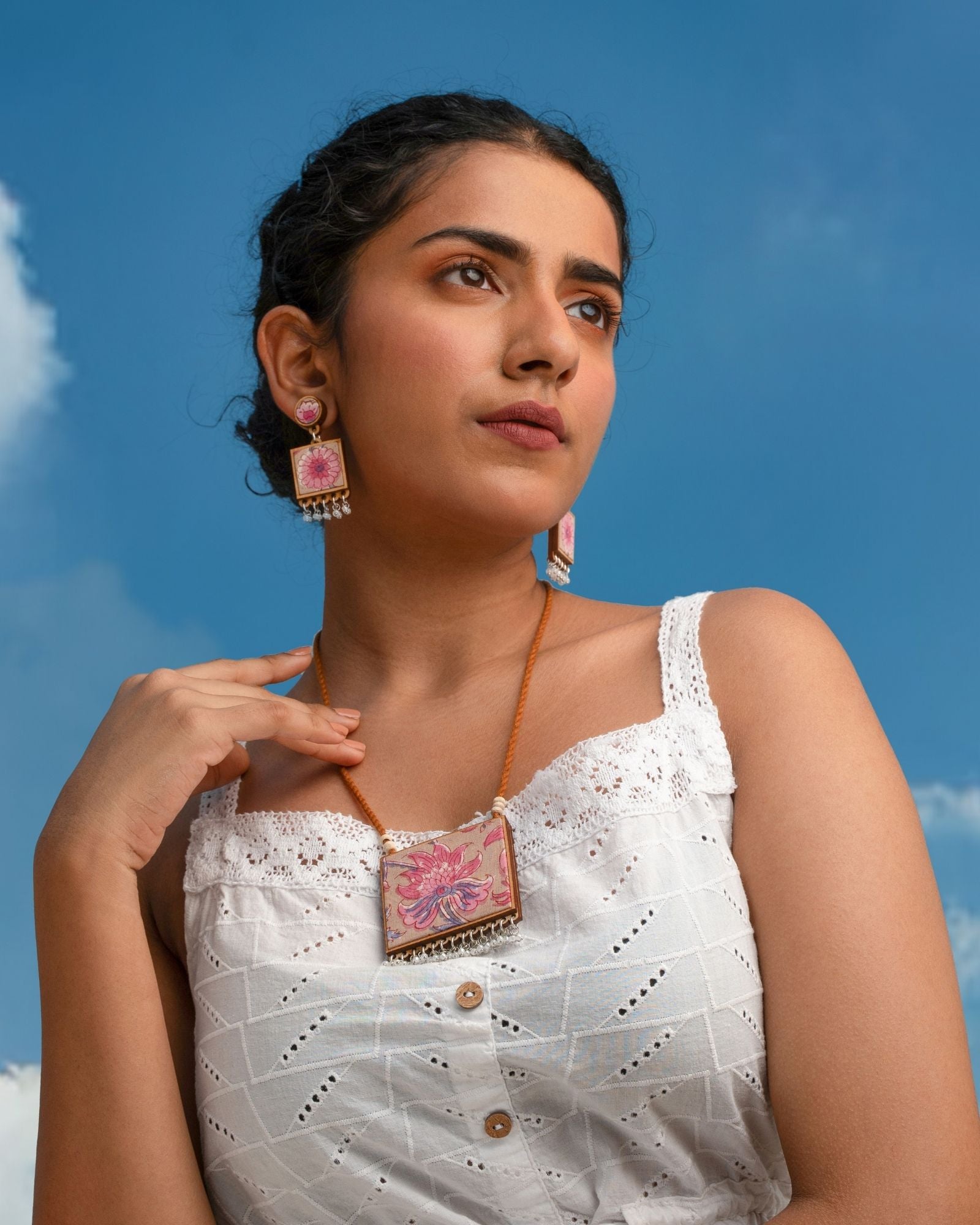 WHE Floral Pink Square Repurposed Fabric and Wood Earrings