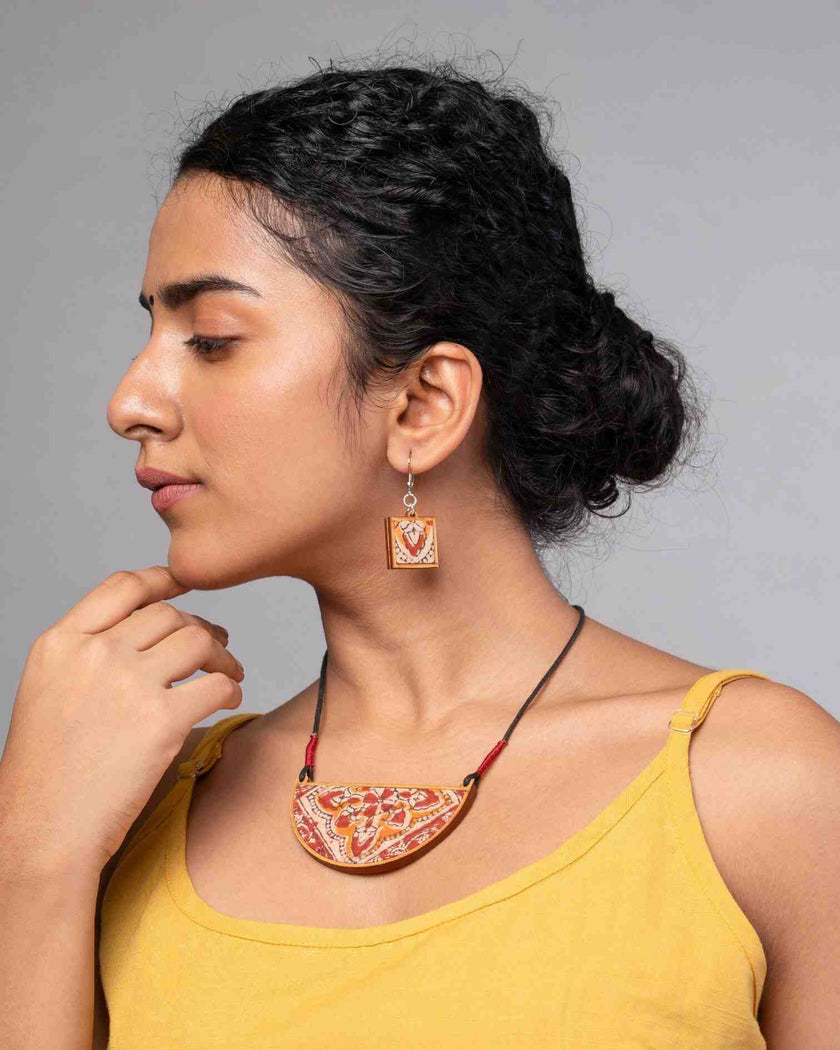 WHE Red Repurposed Kalamkari Fabric and Repurposed Wood Earrings