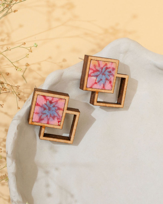 WHE Double Square Pink Repurposed Fabric and Wood Earrings