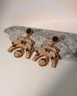 WHE Black Kalamkari Floral Arch Repurposed Fabric and Wood Statement Earrings