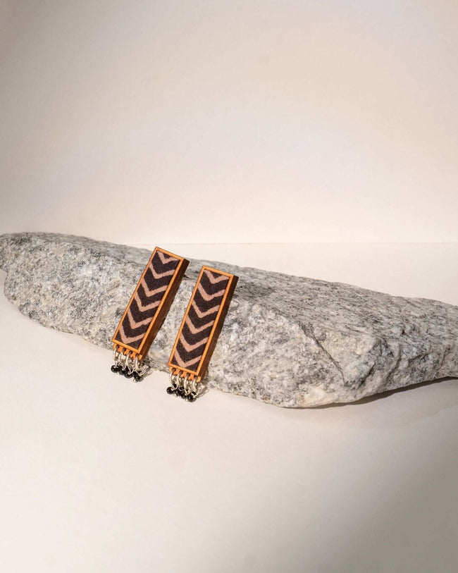 WHE Ajrakh Black Repurposed Fabric and Wood Studs with Beads