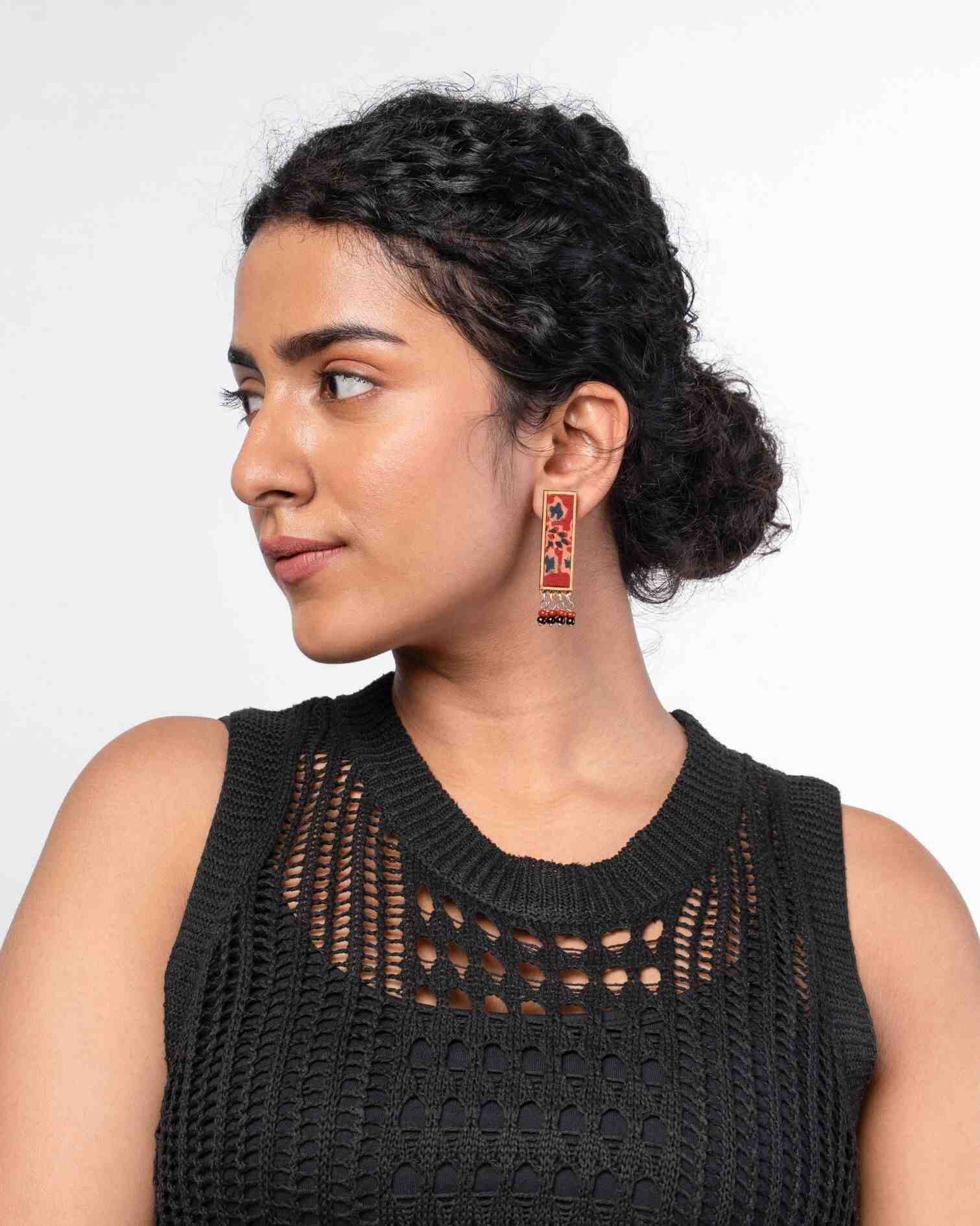 WHE Red Ajrakh Repurposed Fabric and Wood Studs with Beads