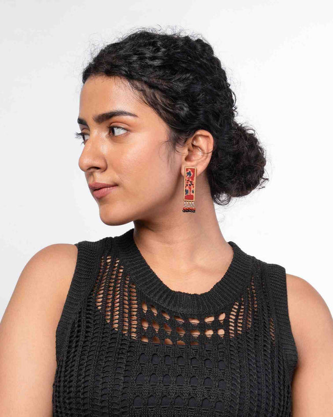 WHE Red Ajrakh Repurposed Fabric and Wood Studs with Beads