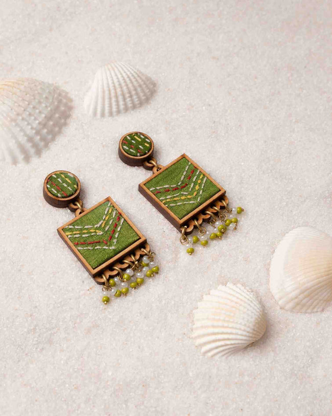 WHE Kantha Green Repurposed Silk Fabric and Wood Earrings