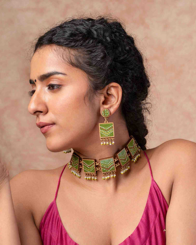 WHE Kantha Green Repurposed Silk Fabric and Wood Earrings