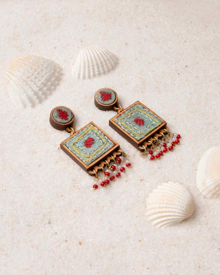 WHE Kantha Columbia Blue Repurposed Silk Fabric and Wood Earrings