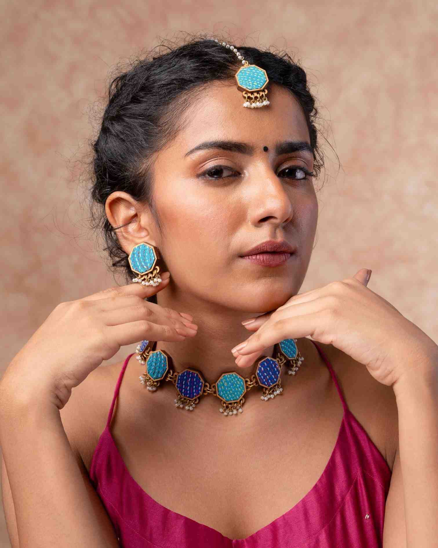 WHE Turquoise Kantha Repurposed Silk Fabric and Wood Studs