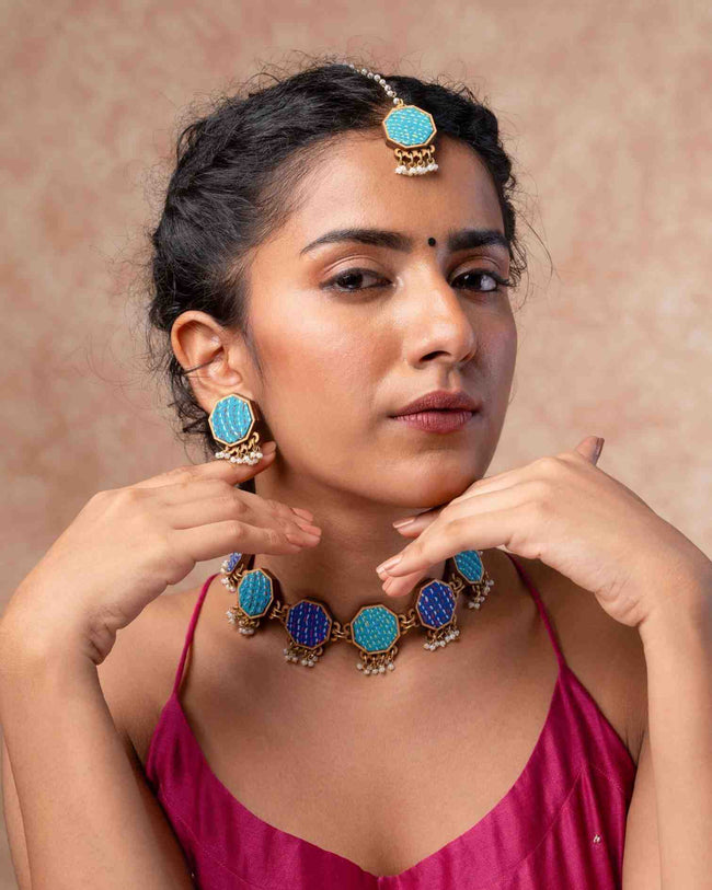 WHE Turquoise Kantha Repurposed Silk Fabric and Wood Studs
