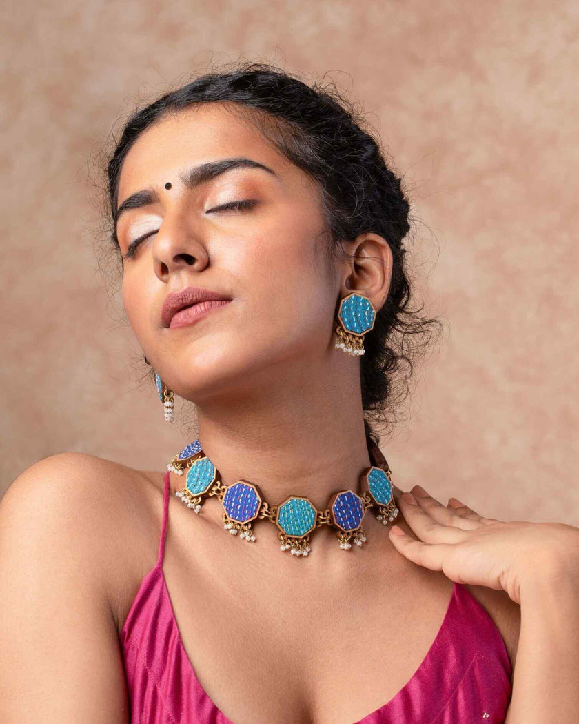WHE Turquoise Kantha Repurposed Silk Fabric and Wood Studs