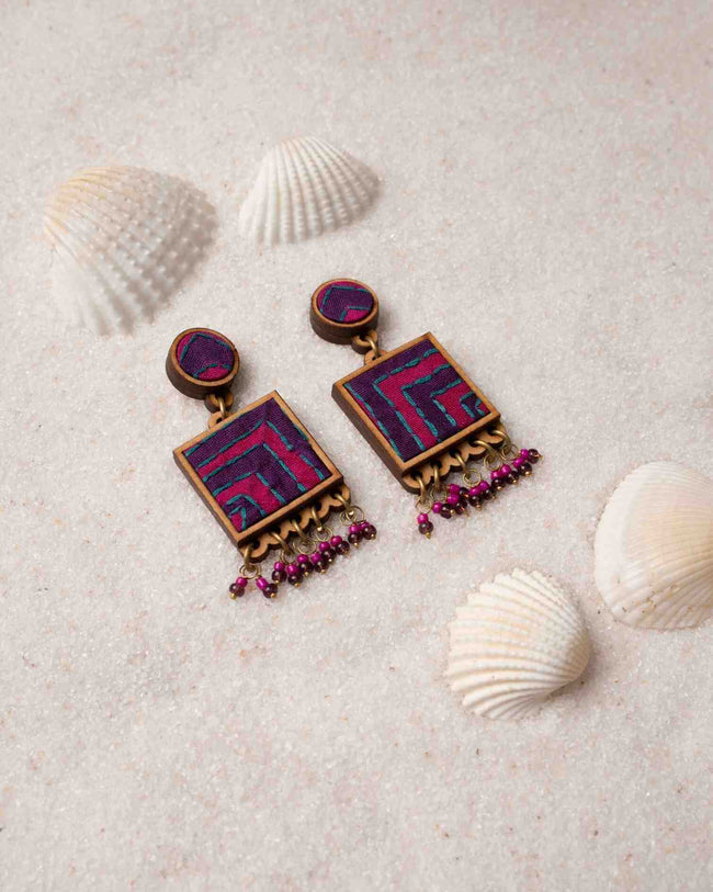 WHE Pink Purple Kantha Repurposed Silk Fabric and Wood  Earrings