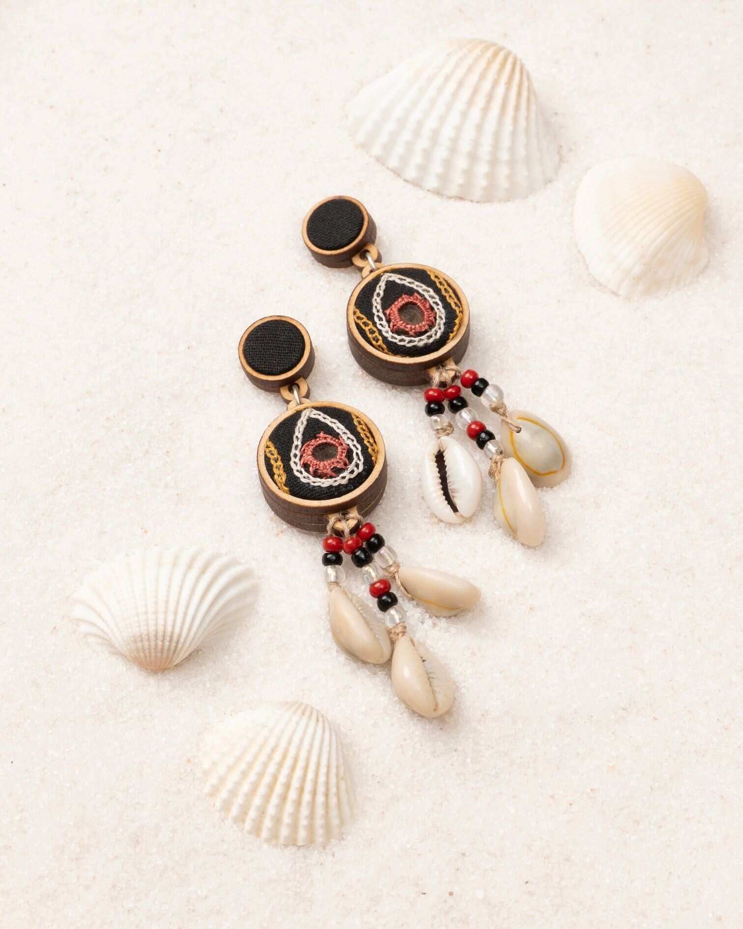 WHE Hand Embroidered Multicolor Earrings with Shells