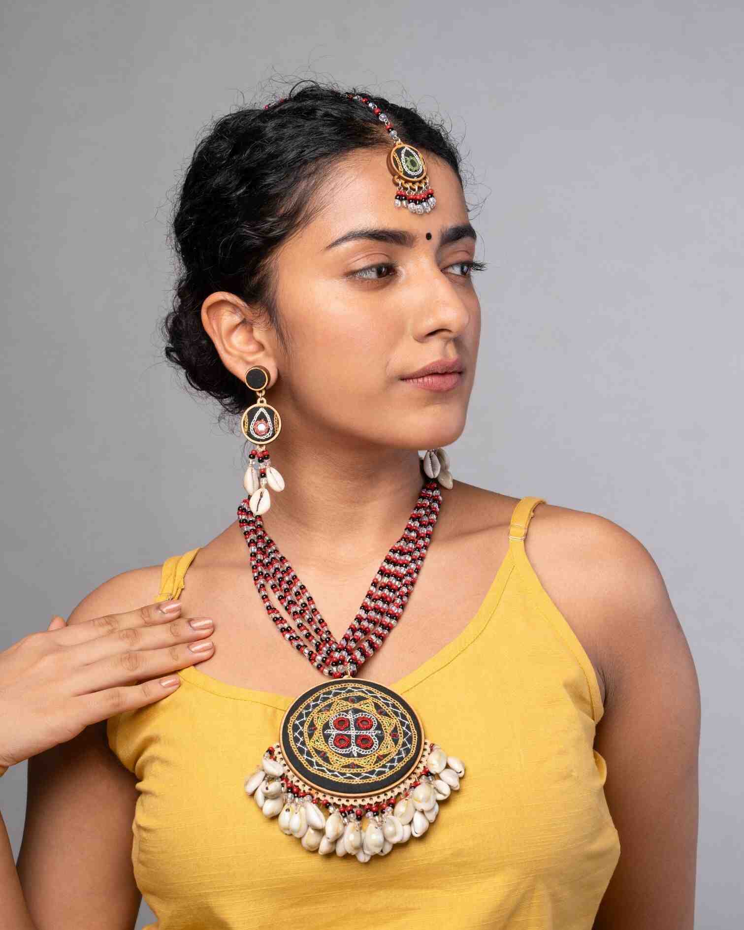 WHE Hand Embroidered Multicolor Earrings with Shells