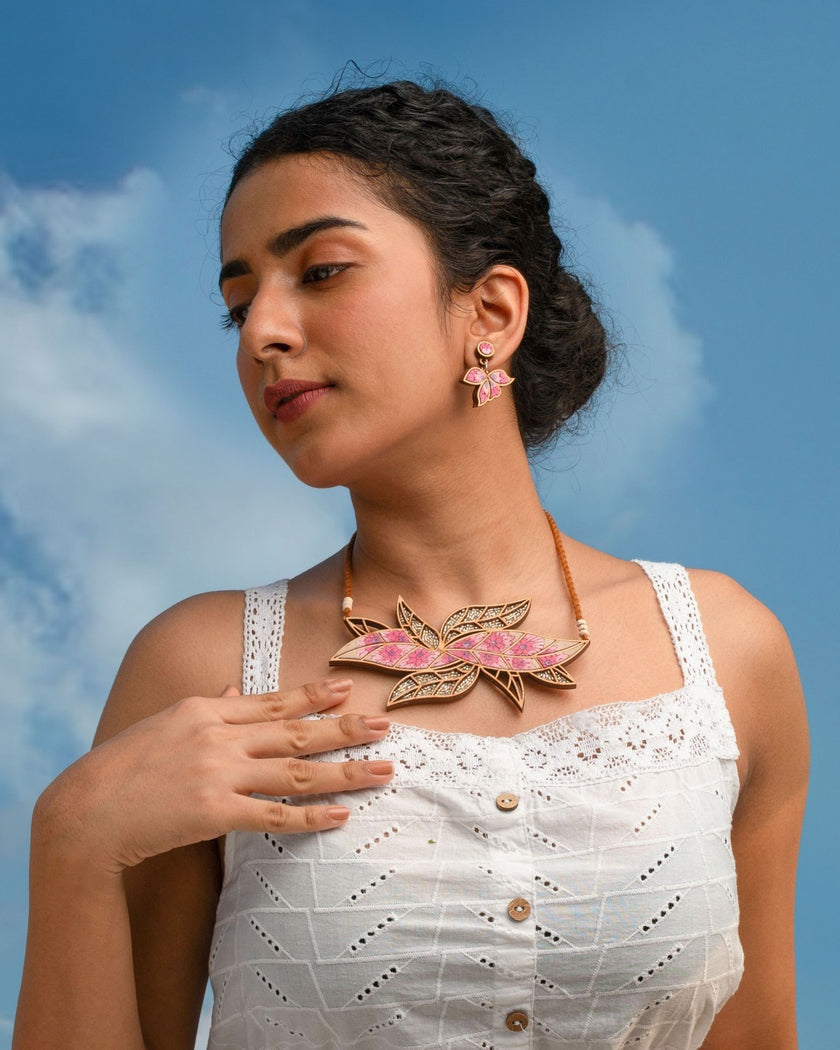 WHE Pink Bloom Repurposed Fabric and Wood Leaf Earrings