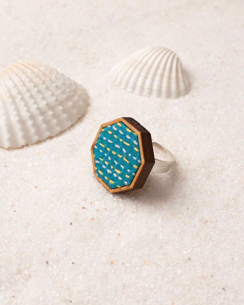 WHE Turquoise Kantha Repurposed Silk Fabric and Wood Ring