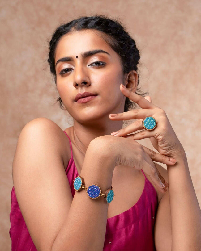 WHE Turquoise Kantha Repurposed Silk Fabric and Wood Ring