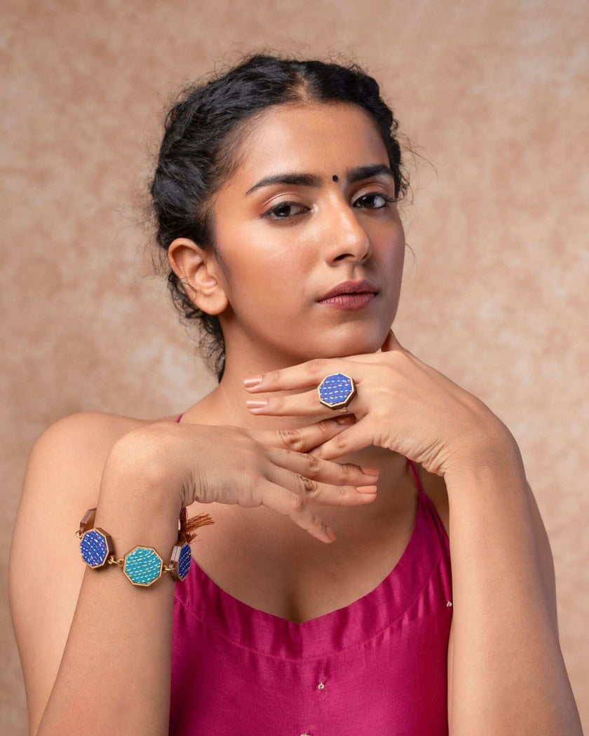WHE Blue Kantha Repurposed Silk Fabric and Wood Ring