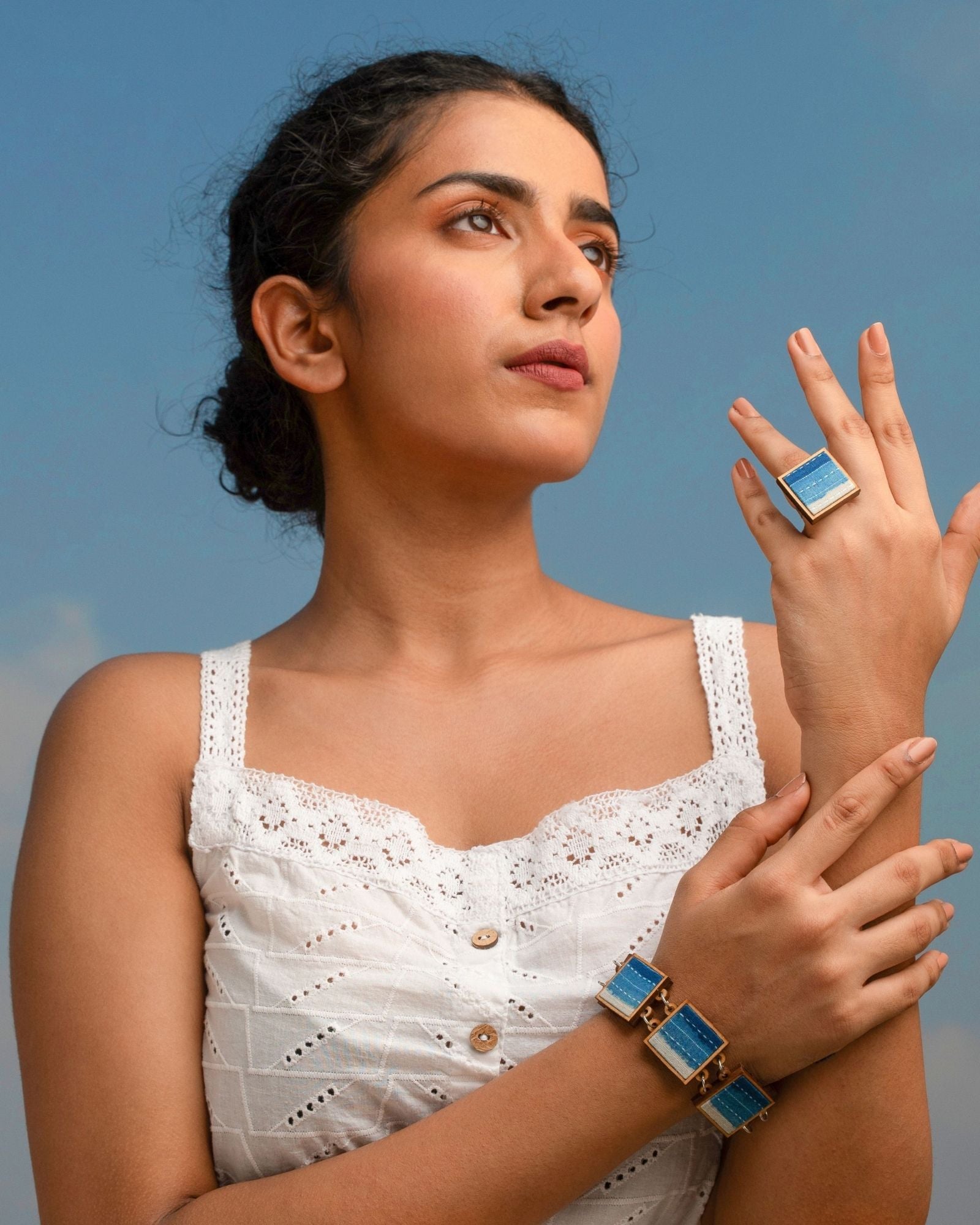 WHE Shades of Indigo Blue Repurposed Fabric and Wood Square Ring