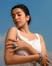 WHE Shades of Indigo Blue Repurposed Fabric and Wood Square Ring