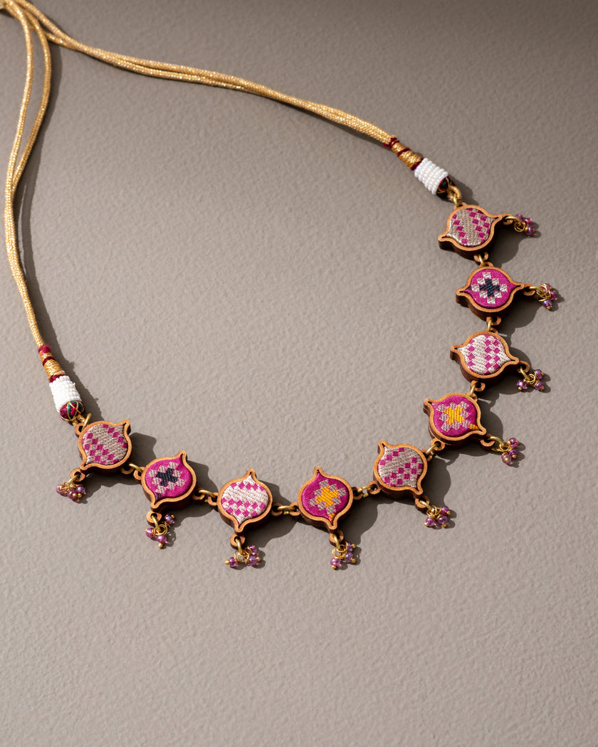 WHE Pink Festive Repurposed Fabric and Wood Choker Necklace