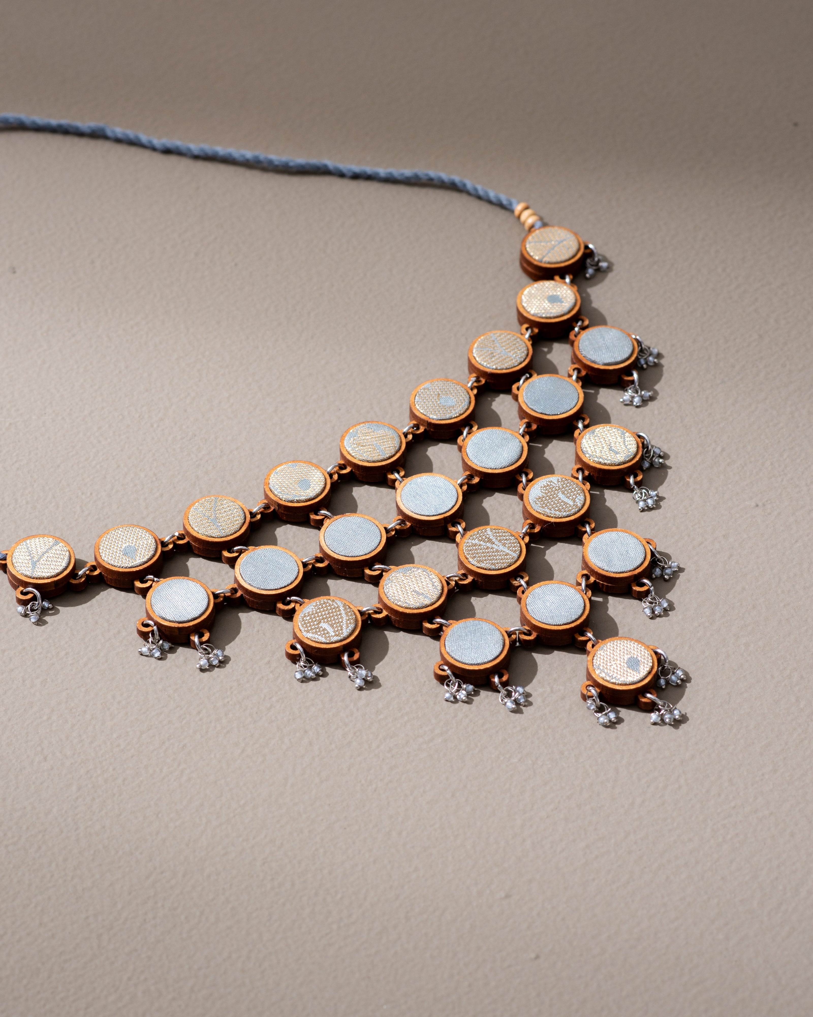 WHE Festive Grey, Gold and Silver Repurposed Fabric and Wood Adjustable Statement Necklace