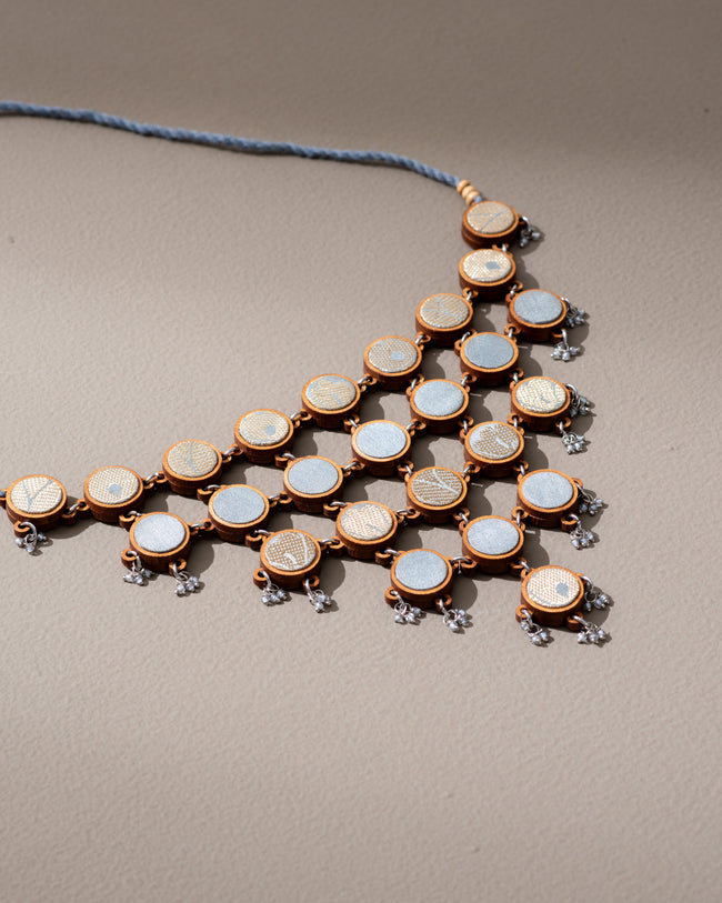 WHE Festive Grey, Gold and Silver Repurposed Fabric and Wood Adjustable Statement Necklace
