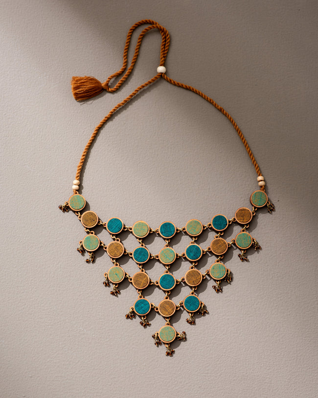 WHE Shades of Green Repurposed Fabric and Wood Adjustable Statement Necklace
