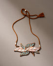 WHE Turquoise White Bloom Leaf Motif Repurposed Fabric and Wood Necklace