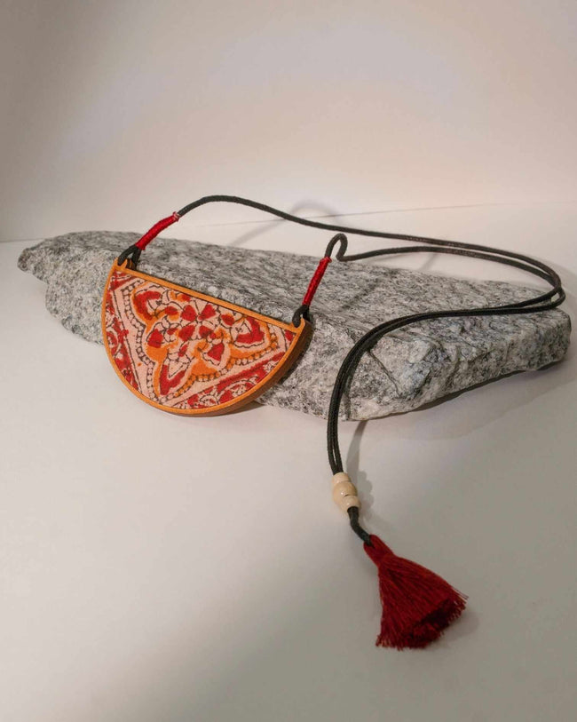 WHE Red Repurposed Kalamkari Fabric and Repurposed Wood Pendant