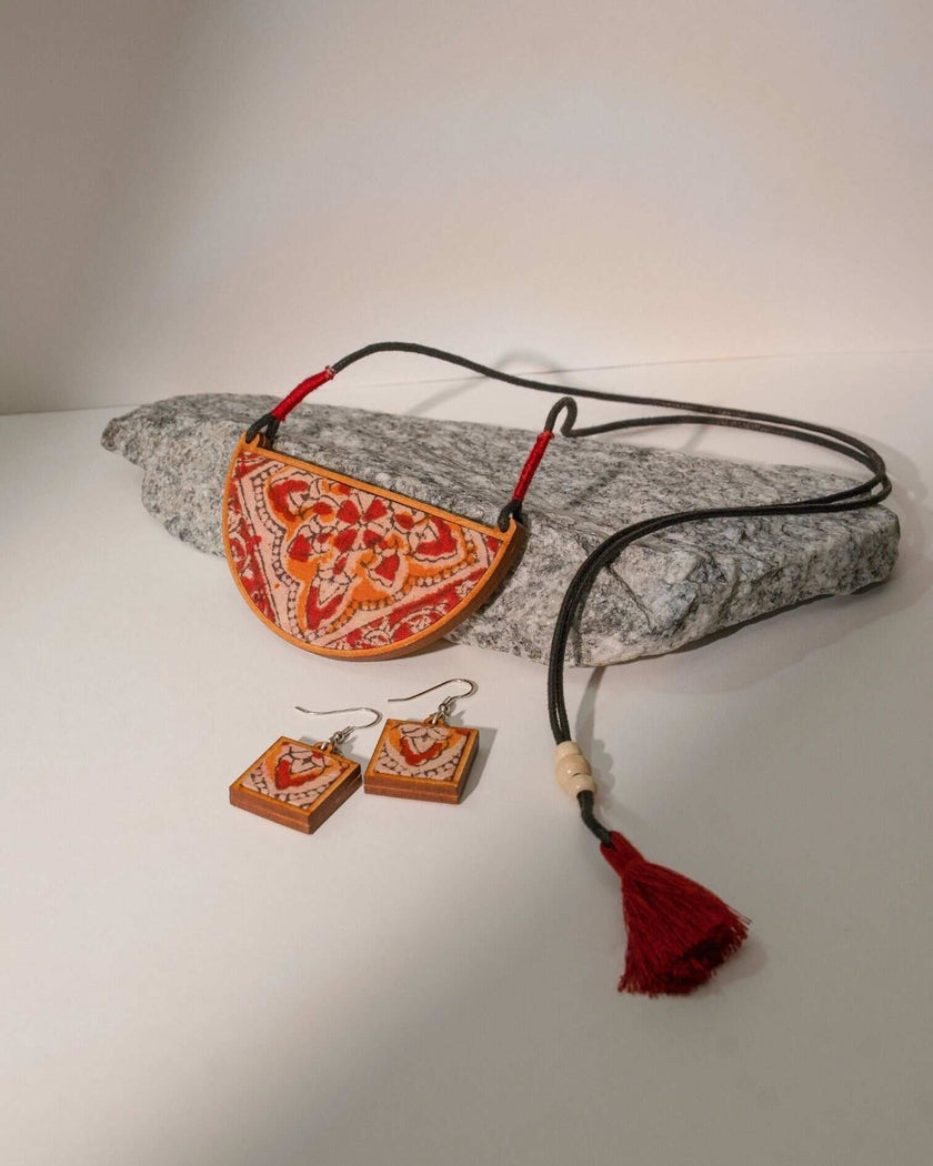 WHE Red Repurposed Kalamkari Fabric and Repurposed Wood Pendant