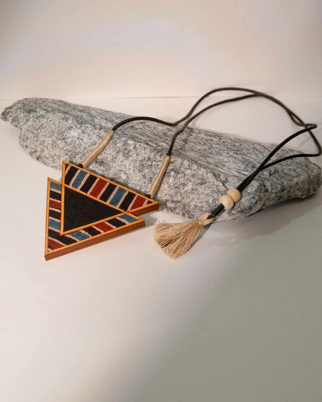 WHE Black Ajrakh Repurposed Fabric and Wood Triangular Necklace