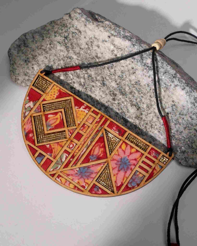 WHE Floral Half Moon Multicolor Repurposed Fabric and Wood Necklace