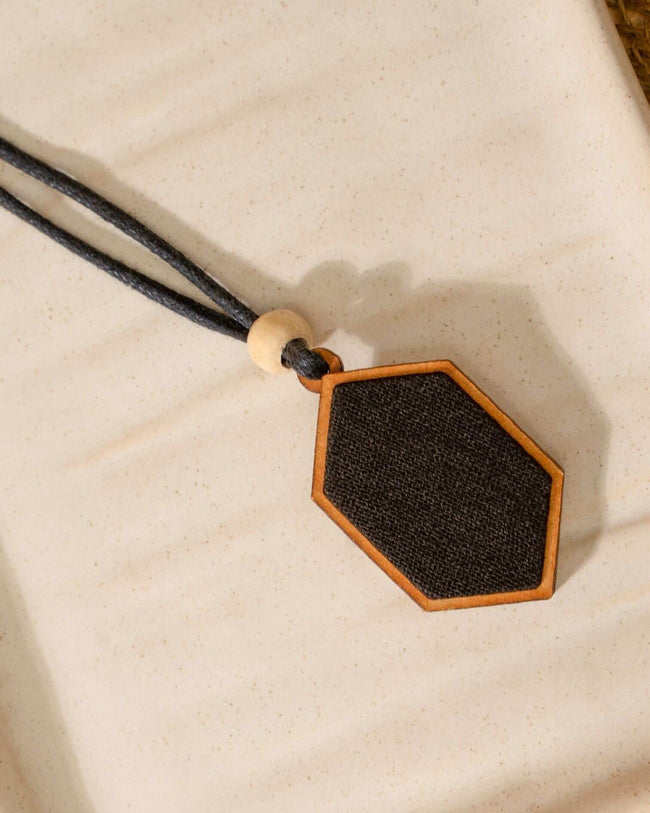 WHE Unisex Black Repurposed Fabric and Wood Pendant