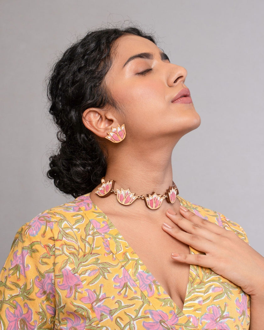 Whe Pink Bloom Lotus Repurposed Fabric and Wood Necklace