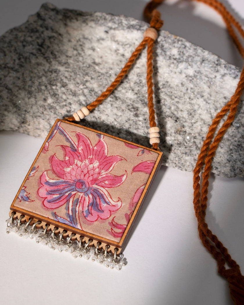 WHE Two in One Floral Pink and Green Square Repurposed Fabric and Wood Pendant