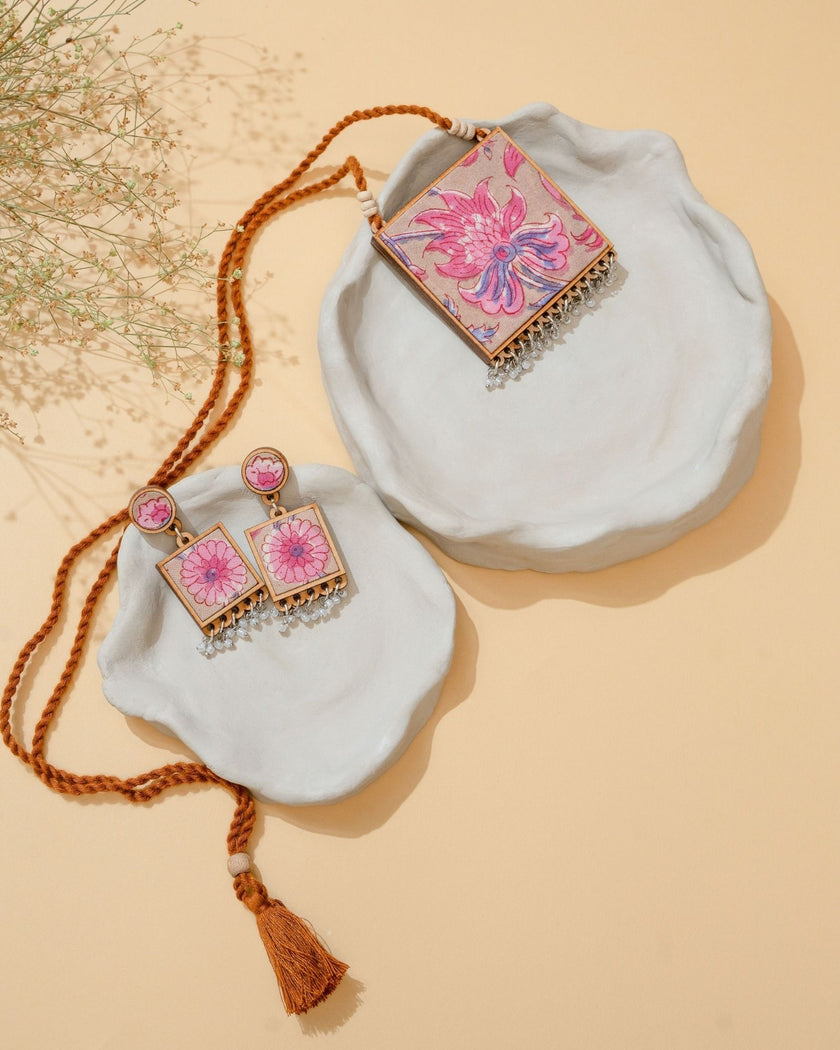 WHE Two in One Floral Pink and Green Square Repurposed Fabric and Wood Pendant