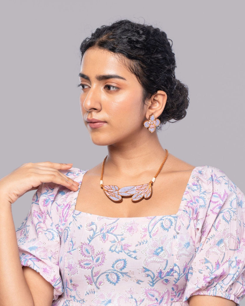 WHE Purple Bloom Leaf Motif Repurposed Fabric and Wood Necklace