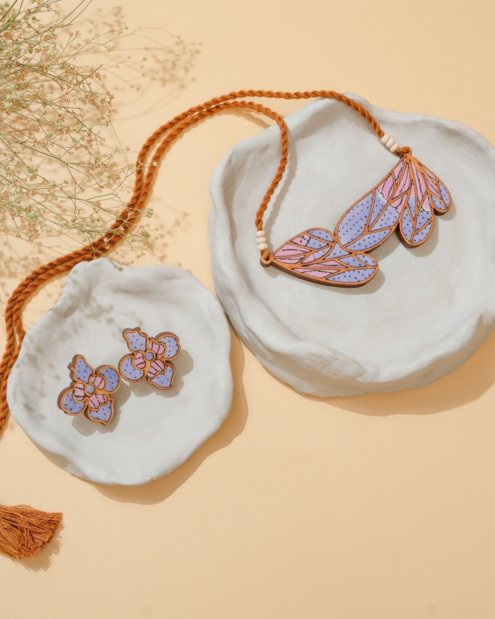 WHE Purple Bloom Leaf Motif Repurposed Fabric and Wood Necklace