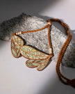 WHE Green Bloom Leaf Motif Repurposed Fabric and Wood Necklace