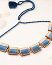 WHE Shades of Indigo Blue Repurposed Fabric and Wood Square Choker