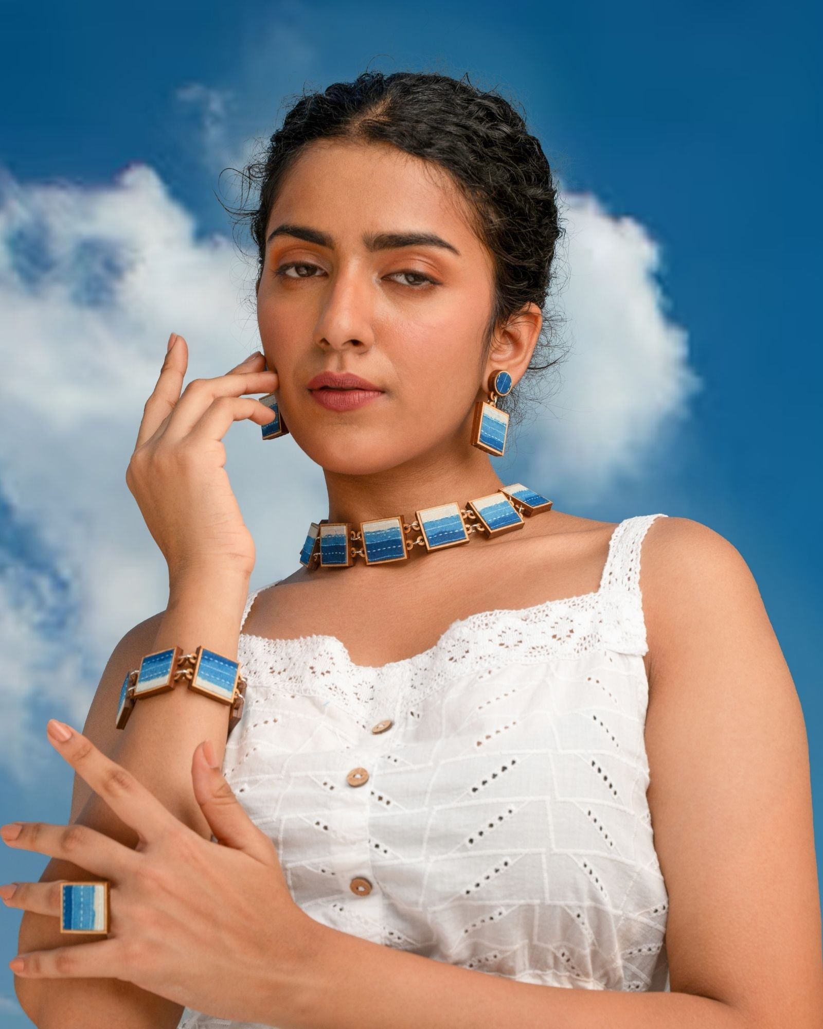 WHE Shades of Indigo Blue Repurposed Fabric and Wood Square Choker