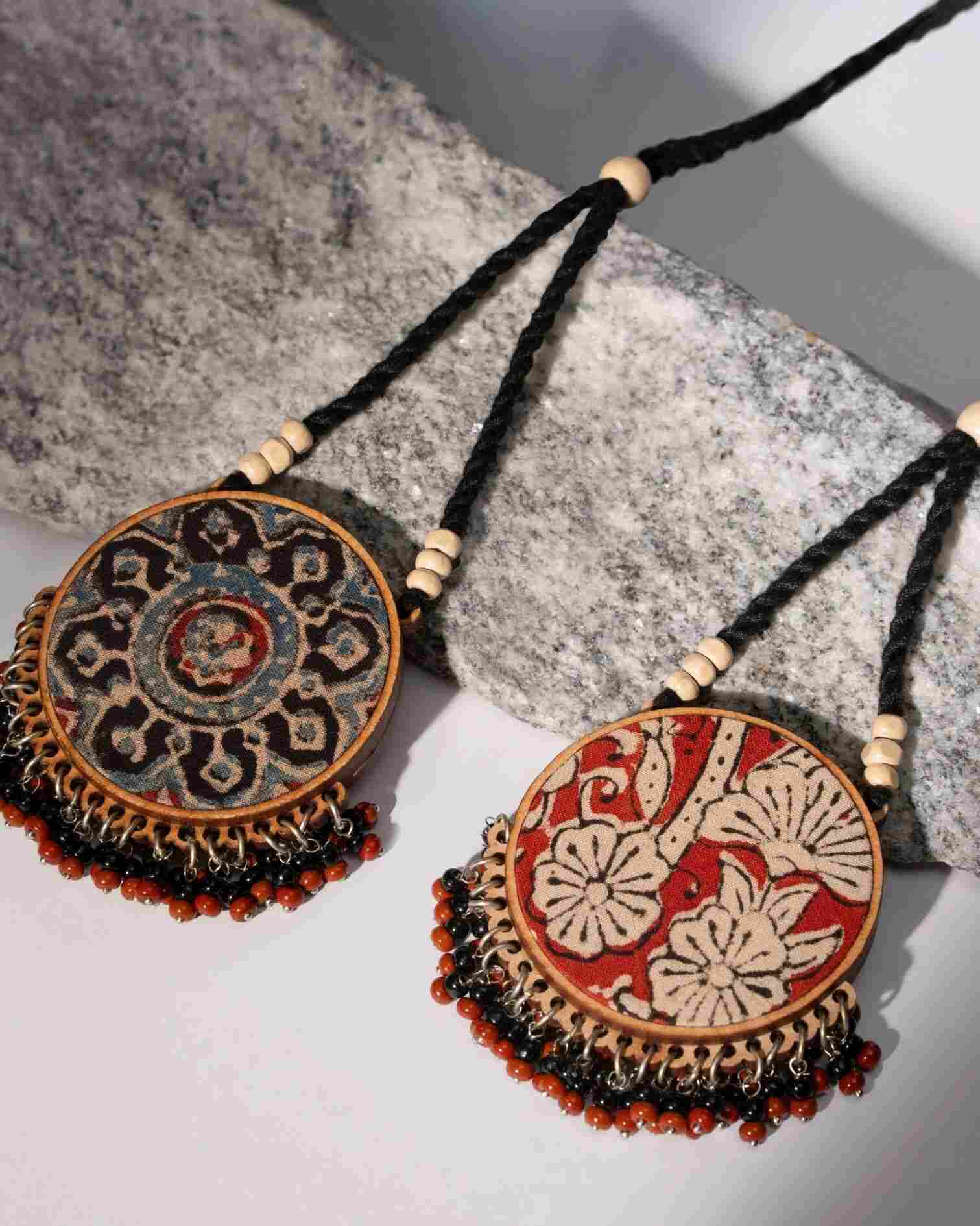 WHE Two in One Black and Red Repurposed Fabric and Wood Round Pendant