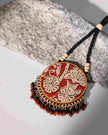 WHE Two in One Black and Red Repurposed Fabric and Wood Round Pendant