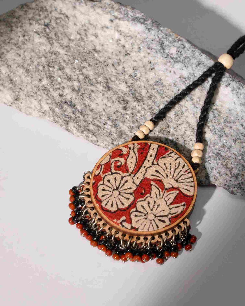 WHE Two in One Black and Red Repurposed Fabric and Wood Round Pendant