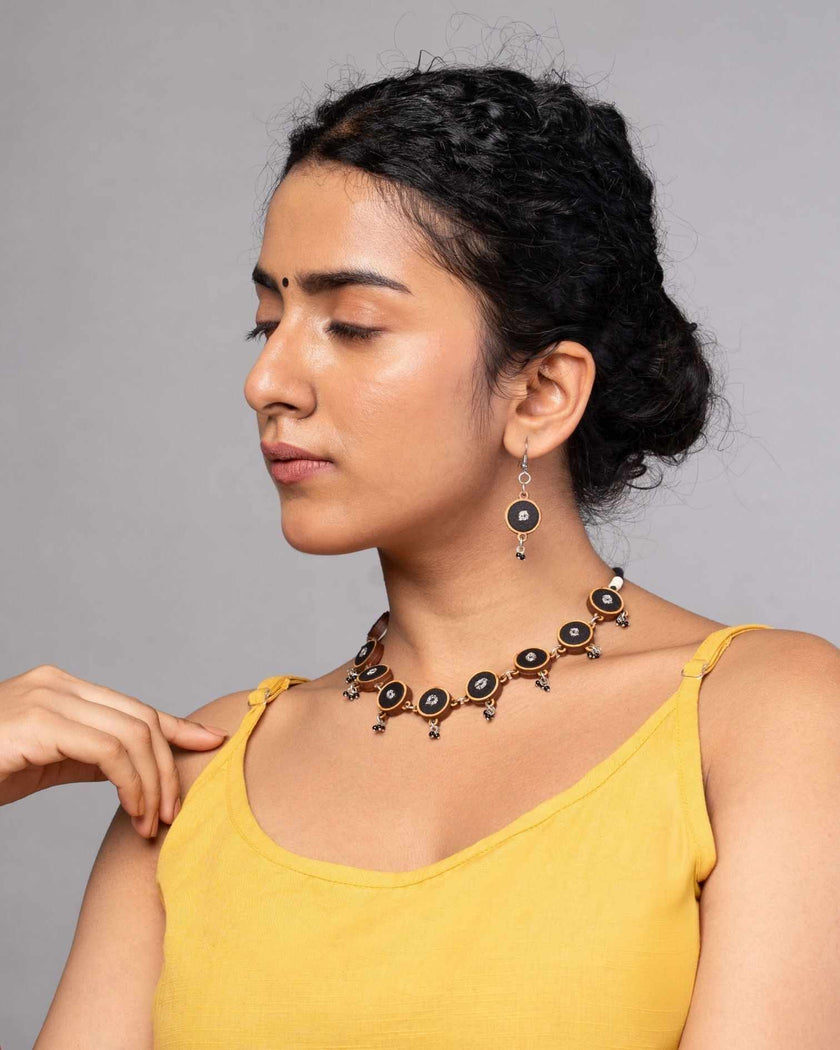 WHE Black Repurposed Fabric and Wood Necklace